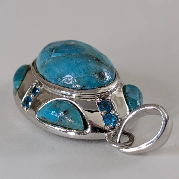 Vintage BBJ Sterling Silver Multi-Gemstone Pendant - Turquoise & Blue Topaz - Picture 5 of 7